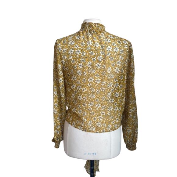 1 STATE Blouse Womens Sz Medium Yellow Floral Wrap Shirt Sheer Coquette - Picture 5 of 7